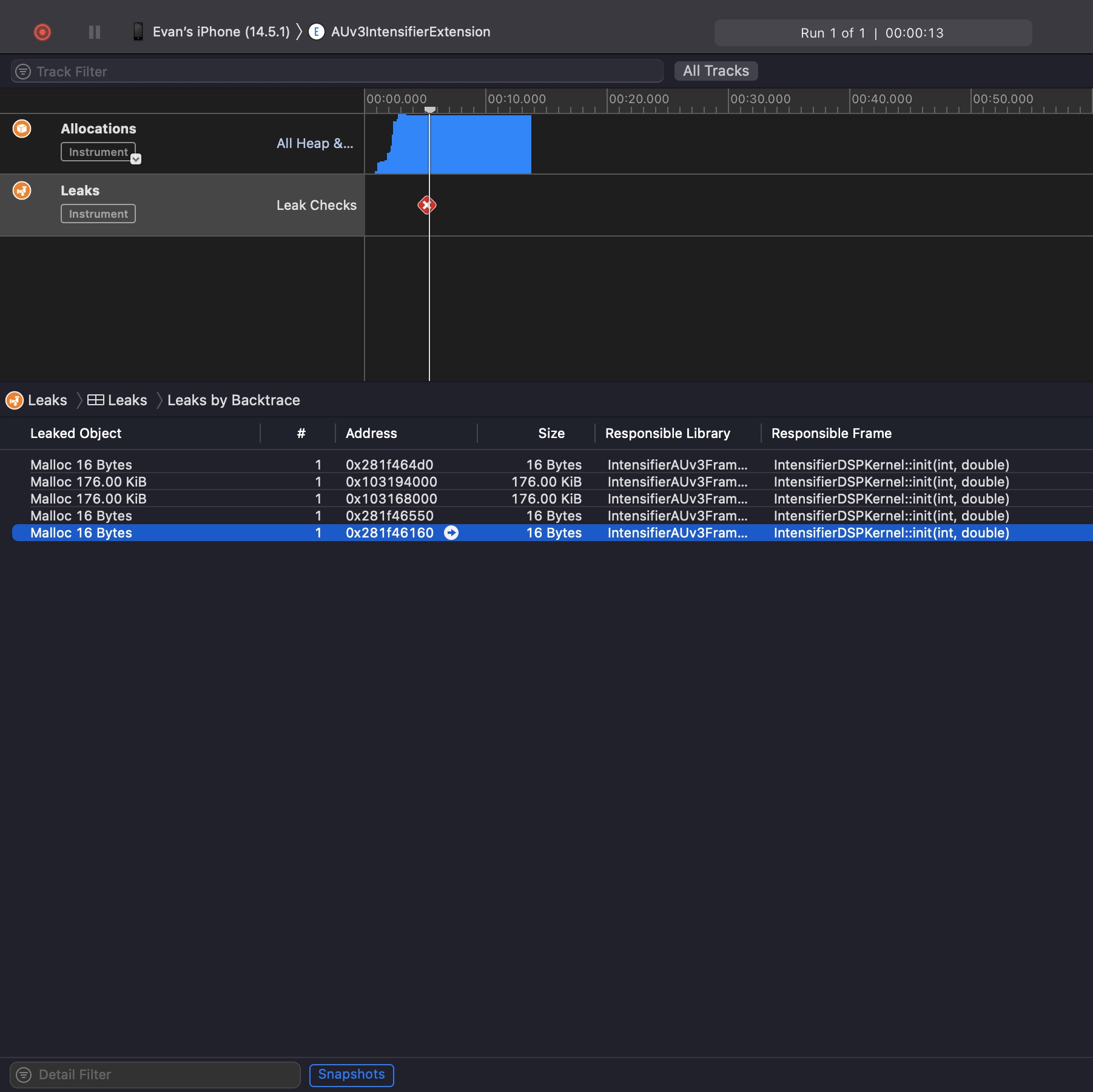 A picture of Xcode instruments showing the memory leak